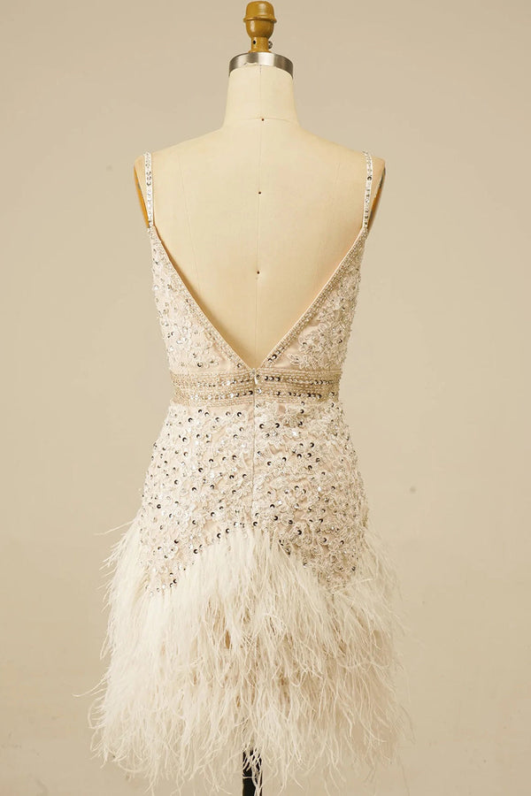 Elegant White V-Neck Tight Homecoming Dress with Feather Hem