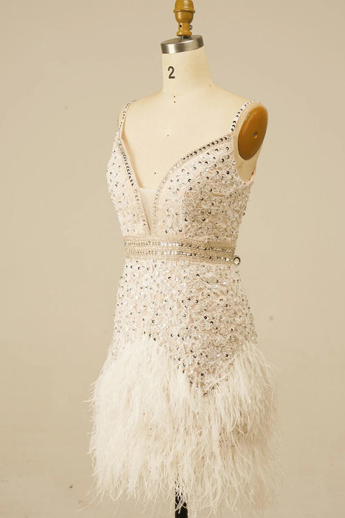 Elegant White V-Neck Tight Homecoming Dress with Feather Hem