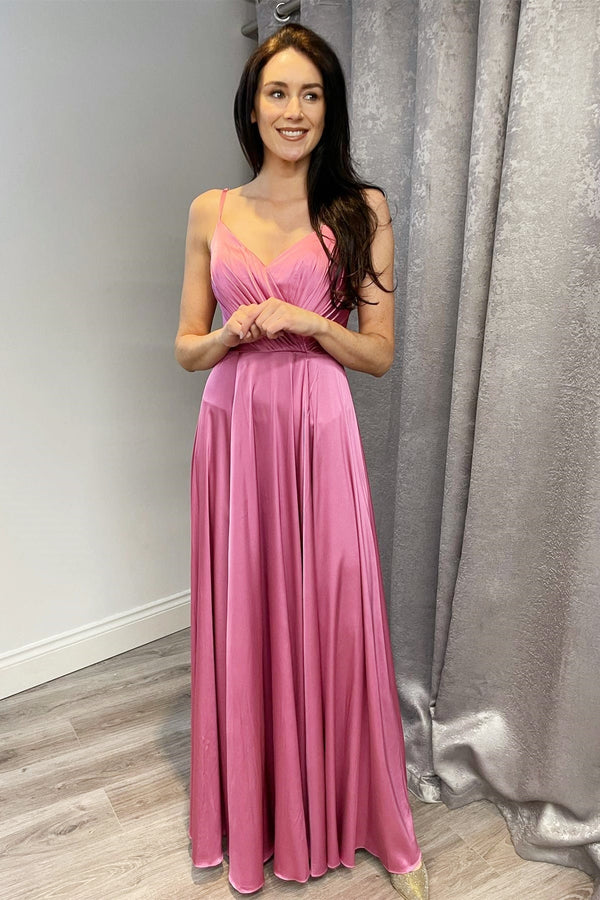 A-Line Straps Dusty Rose Satin Long Bridesmaid Dress