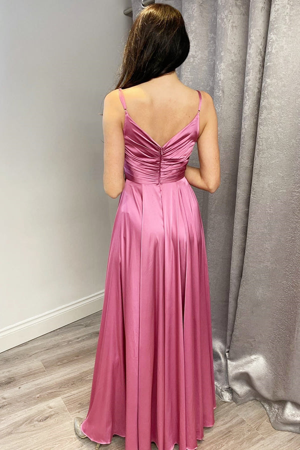 A-Line Straps Dusty Rose Satin Long Bridesmaid Dress