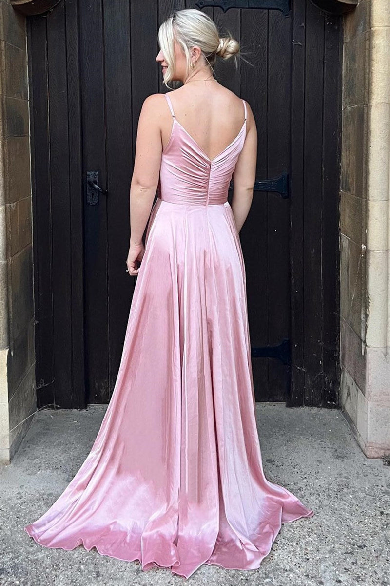 A-Line Straps Dusty Rose Satin Long Bridesmaid Dress