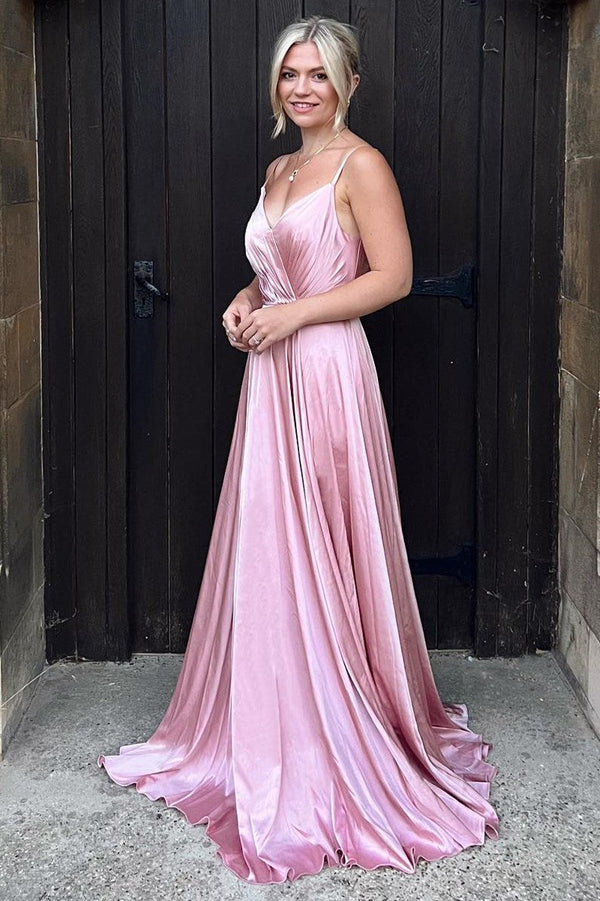 A-Line Straps Dusty Rose Satin Long Bridesmaid Dress