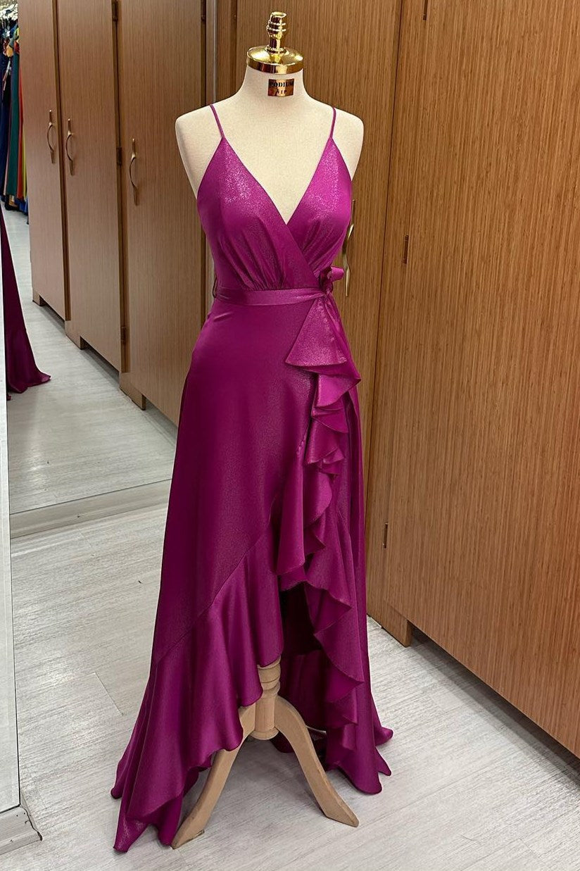 V-Neck Straps Fuchsia Hi-Low Bridesmaid Dress with Belt FancyVestido V-Neck Straps Fuchsia Hi-Low Bridesmaid Dress with Belt FancyVestido