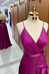 V-Neck Straps Fuchsia Hi-Low Bridesmaid Dress with Belt