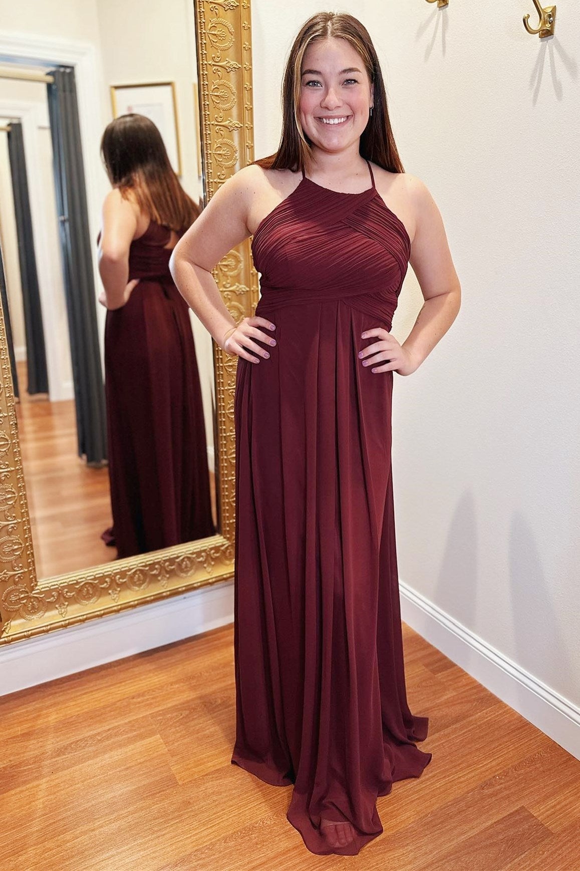 Pleated Burgundy Halter Chiffon Bridesmaid Dress