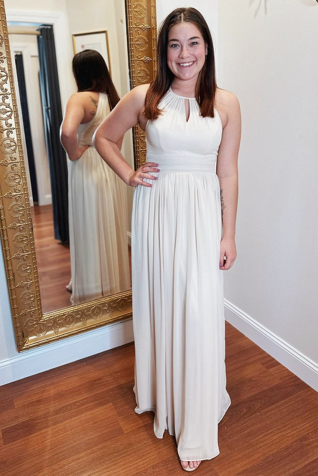 Chiffon Ivory Keyhole Pleated Long Bridesmaid Dress FancyVestido Chiffon Ivory Keyhole Pleated Long Bridesmaid Dress FancyVestido
