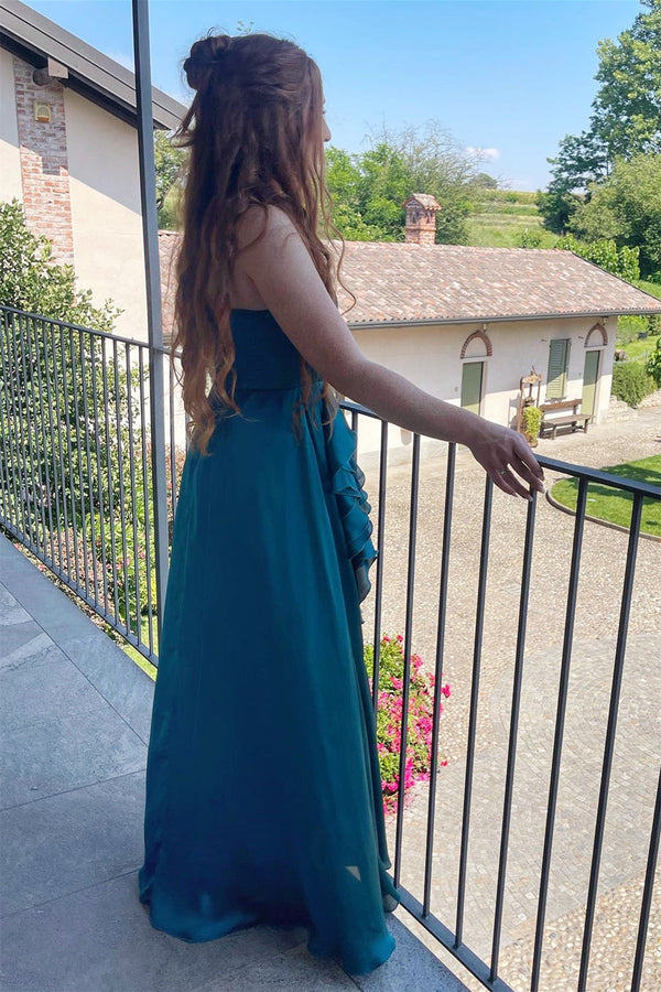 Pleated Teal Ruffles A-Line Chiffon Bridesmaid Dress