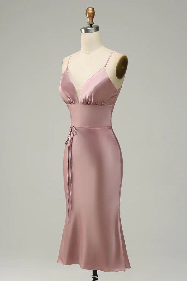 Straps Dusty Rose Tea Length Satin Midi Bridesmaid Dress