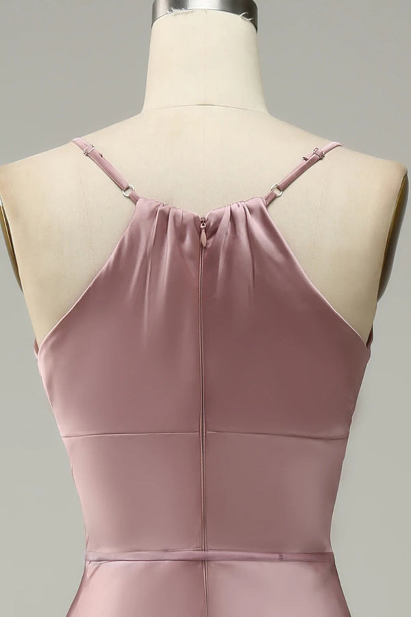 Straps Dusty Rose Tea Length Satin Midi Bridesmaid Dress