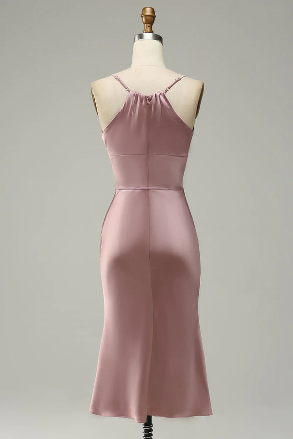 Straps Dusty Rose Tea Length Satin Midi Bridesmaid Dress