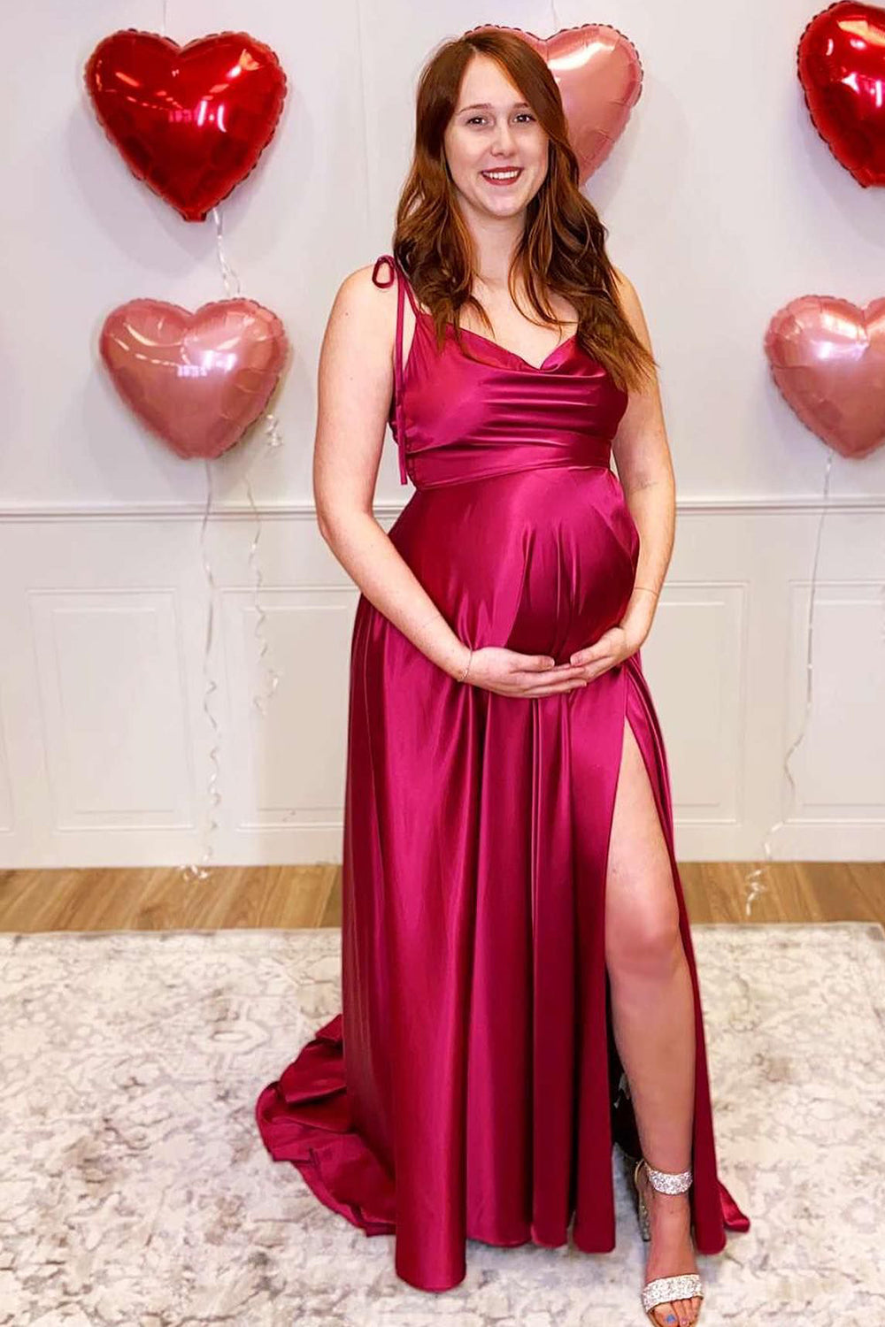 Tie Shoulder Burgundy A-Line Pregnant Bridesmaid Dress