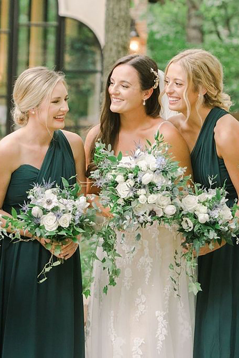 One Shoulder Dark Green Pleated Long Bridesmaid Dress