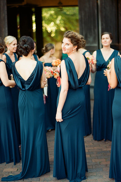 V-Neck Teal Mermaid Long Bridesmaid Dress