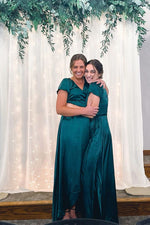 Dark Green V-Neck Satin Long Bridesmaid Dress with Short Sleeves