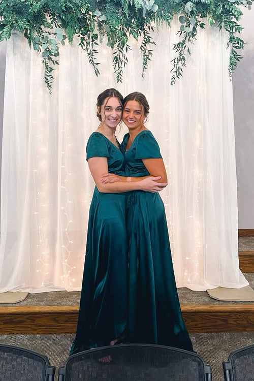 Dark Green V-Neck Satin Long Bridesmaid Dress with Short Sleeves