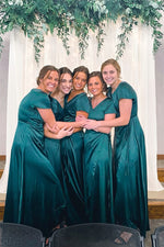 Dark Green V-Neck Satin Long Bridesmaid Dress with Short Sleeves