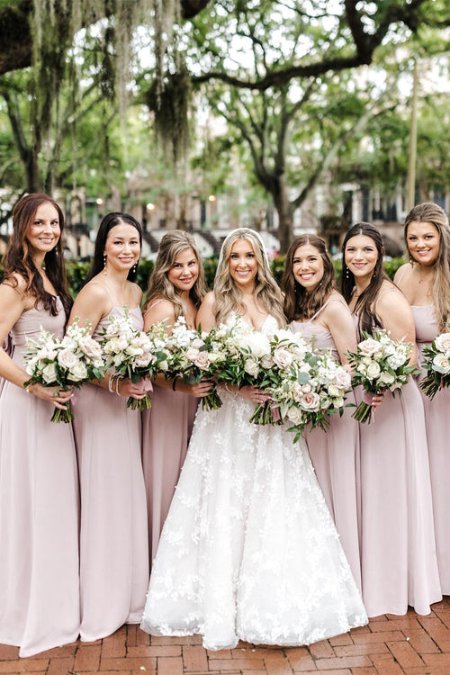 Tie Back Blush Pink A-Line Long Bridesmaid Dress