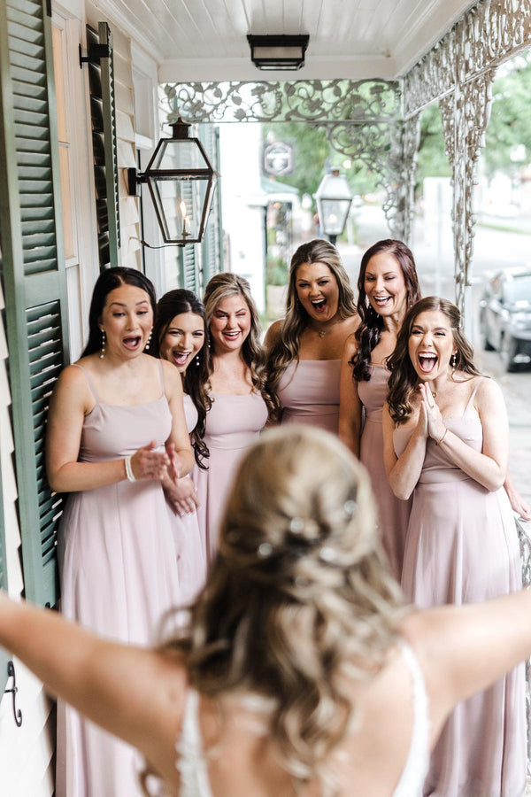 Tie Back Blush Pink A-Line Long Bridesmaid Dress