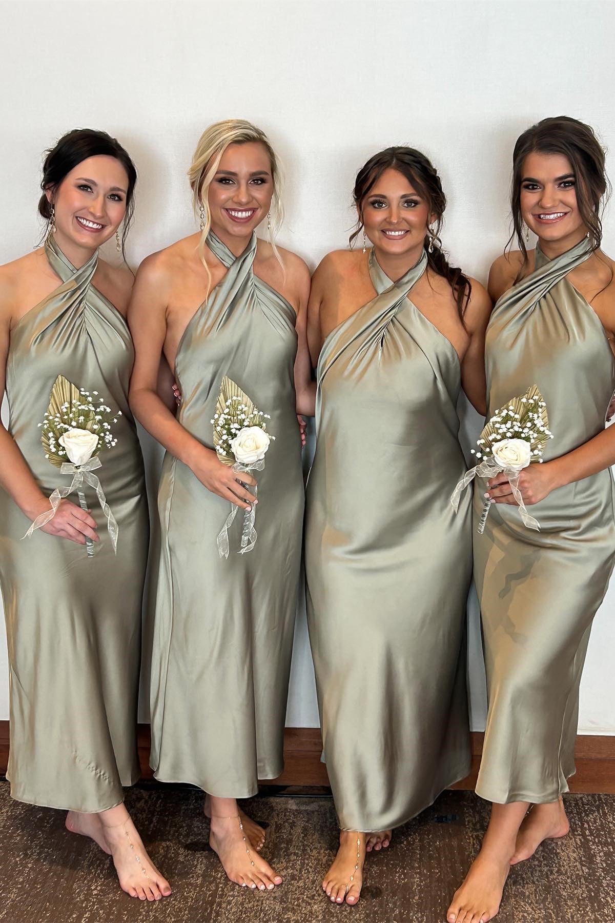 Sage Green Halter Ankle Length Bridesmaid Dress FancyVestido Sage Green Halter Ankle Length Bridesmaid Dress FancyVestido