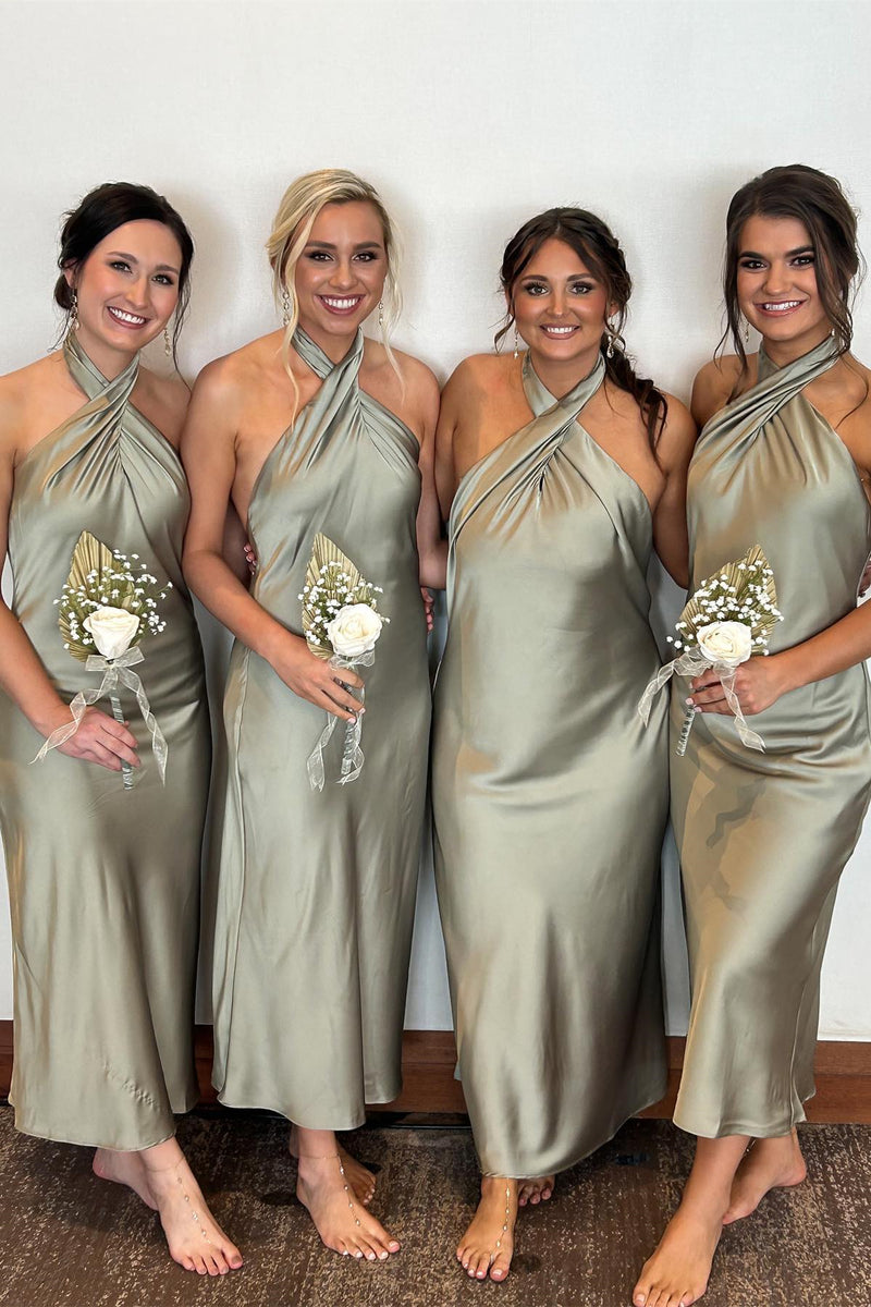 Sage Green Halter Ankle Length Bridesmaid Dress