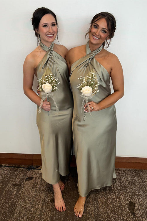 Sage Green Halter Ankle Length Bridesmaid Dress