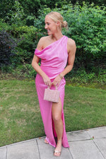 Asymmetrical One Shoulder Hot Pink Bridesmaid Dress with Slit