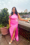 Asymmetrical One Shoulder Hot Pink Bridesmaid Dress with Slit