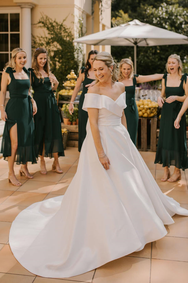 Tie Shoulder Dusty Rose Square Neck Chiffon Midi Bridesmaid Dress