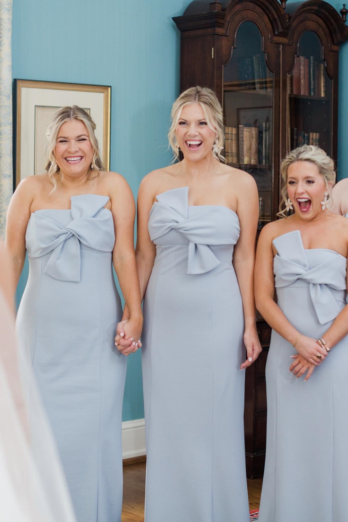 Strapless Tie Front Light Blue Long Bridesmaid Dress