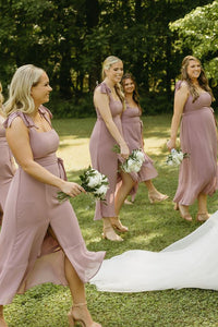 Tie Shoulder Dusty Rose Square Neck Chiffon Midi Bridesmaid Dress