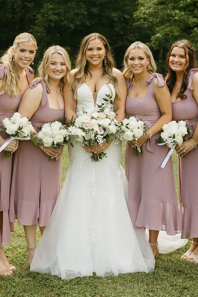 Tie Shoulder Dusty Rose Square Neck Chiffon Midi Bridesmaid Dress FancyVestido Tie Shoulder Dusty Rose Square Neck Chiffon Midi Bridesmaid Dress FancyVestido