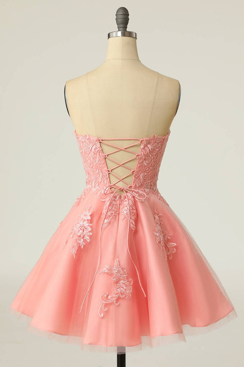 Strapless Pink Lace Appliues A-Line Short Party Dress