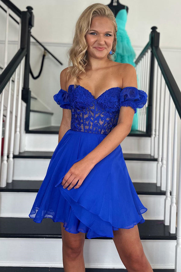 Turquoise Lace Corset A-Line Homecoming Dress with Puff Sleeves