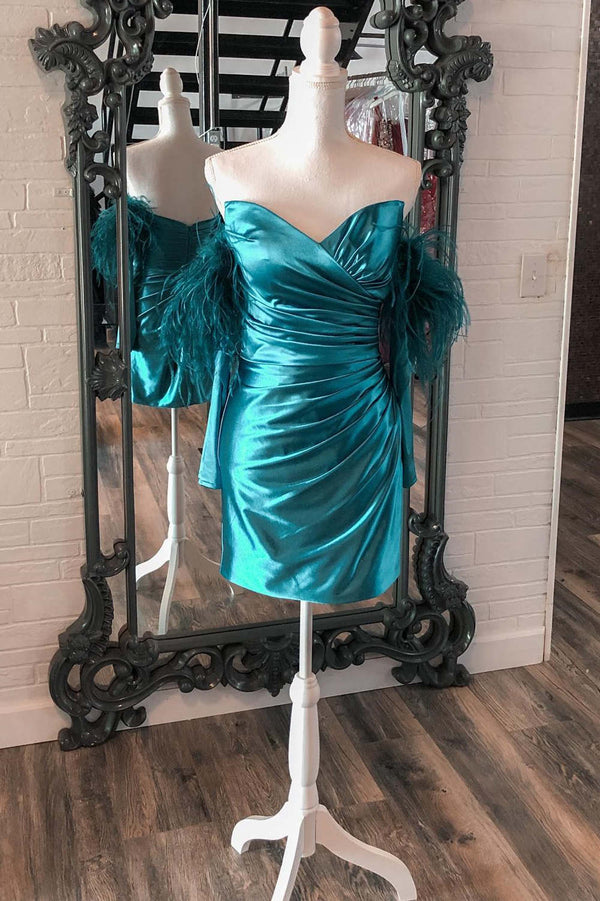 Ruched Blue Strapless Bodycon Homecoming Dress with Long Sleeves