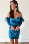 Ruched Blue Strapless Bodycon Homecoming Dress with Long Sleeves