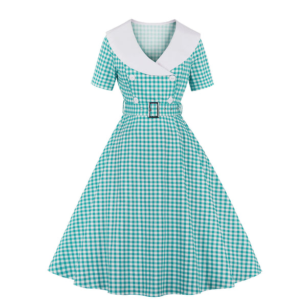 Red Plaid V-Neck 1950s Dress With Short Sleeves