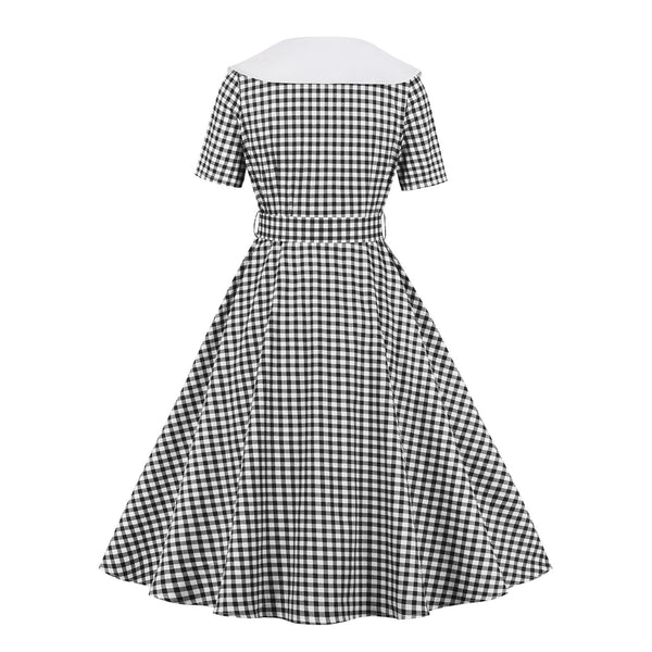 Red Plaid V-Neck 1950s Dress With Short Sleeves