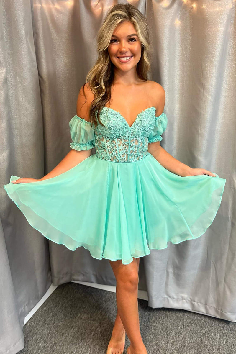Turquoise Lace Corset A-Line Homecoming Dress with Puff Sleeves