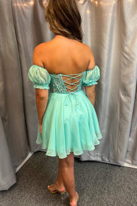 Turquoise Lace Corset A-Line Homecoming Dress with Puff Sleeves