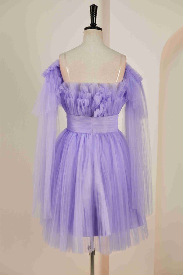 Tiered Strapless Lavender Tulle Homecoming Dress with Removable Sleeves