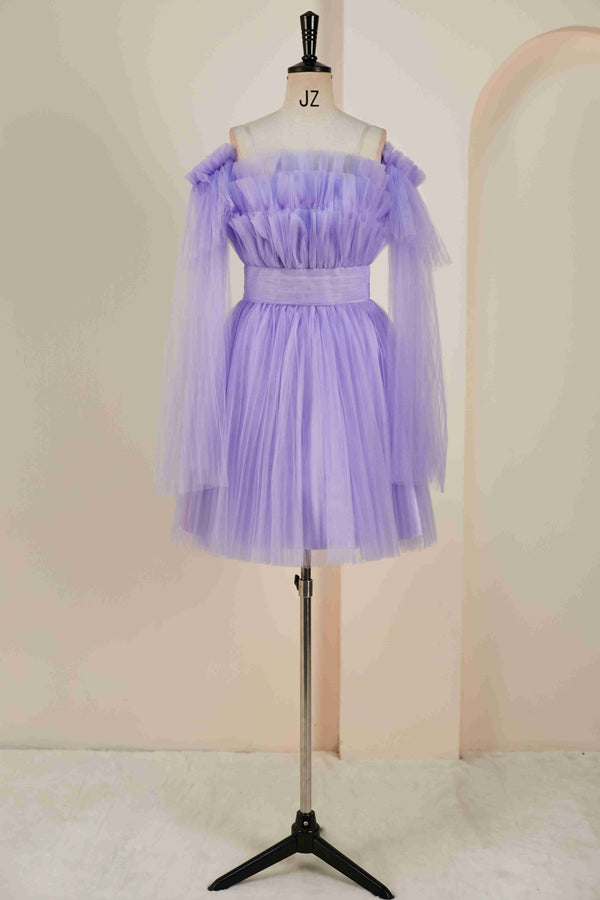 Tiered Strapless Lavender Tulle Homecoming Dress with Removable Sleeves