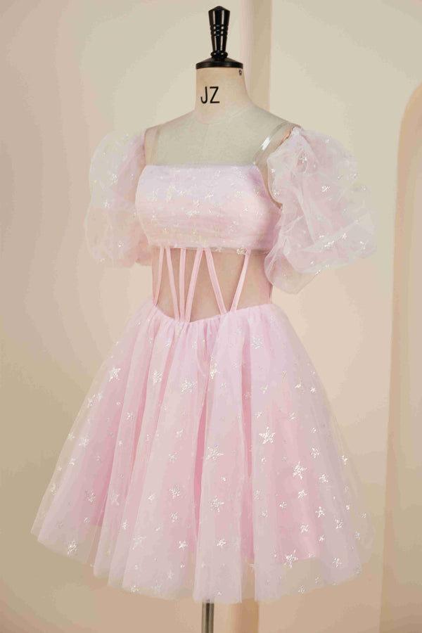 Princess Pink Strapless Short Party Dress with Detachable Balloon Sleeves