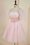 Princess Pink Strapless Short Party Dress with Detachable Balloon Sleeves