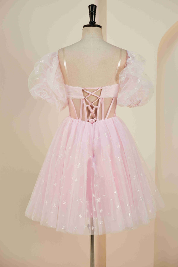Princess Pink Strapless Short Party Dress with Detachable Balloon Sleeves