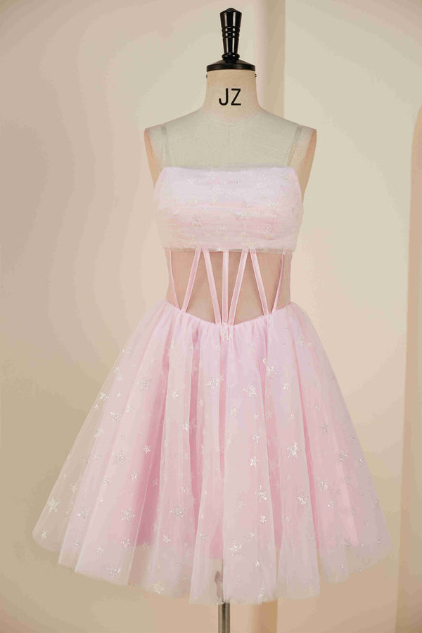 Princess Pink Strapless Short Party Dress with Detachable Balloon Sleeves