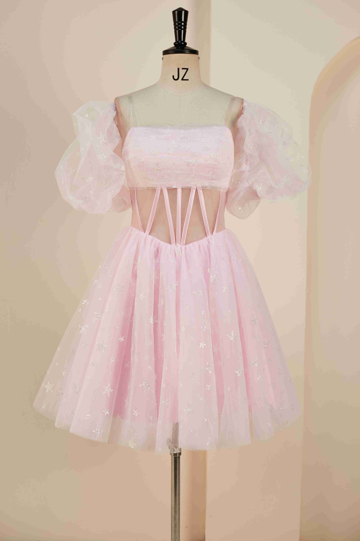 Princess Pink Strapless Short Party Dress with Detachable Balloon Sleeves