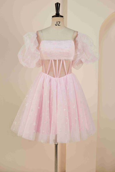 Princess Pink Strapless Short Party Dress with Detachable Balloon Sleeves