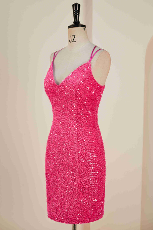 Double Straps Hot Pink Sequin Bodycon Homecoming Dress