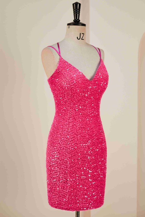 Double Straps Hot Pink Sequin Bodycon Homecoming Dress