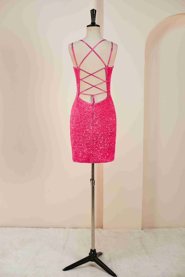 Double Straps Hot Pink Sequin Bodycon Homecoming Dress